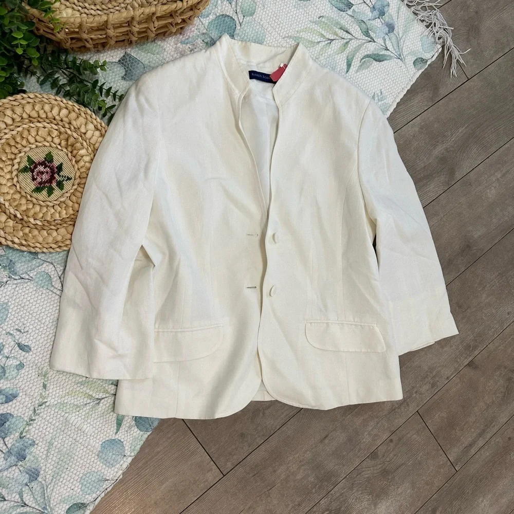 Karen Scott Women’s Cream Blazer Linen Rayon Shoulder Pads Minimalist Size 12